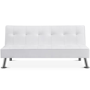 Tufted Faux Leather Sofa Bed Convertible Futon with Chrome Metal Legs, White