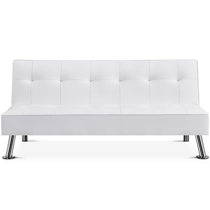 Tufted Faux Leather Sofa Bed Convertible Futon with Chrome Metal Legs, White