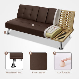 Modern Sofa Bed Faux Leather Couch Convertible Futon with Two Cupholders 