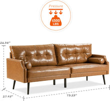 Load image into Gallery viewer, Faux Leather Sofa Couch, 73&#39;&#39; Mid-Century Modern 3 Seater Sofa with Rivet on Armrests and 2 Cylindrica Pillows, Upholstered Couch for Living Room, Bedroom, Office, Cognac Tan