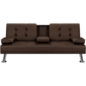 Modern Sofa Bed Faux Leather Couch Convertible Futon with Two Cupholders 