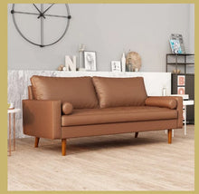 Load image into Gallery viewer, Modern Faux Leather Sofa Couch, Mid-Century Design, Wide Leather and Velvet, Square Arms Sofa with Pillows