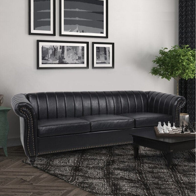 84'' Black PU Rolled Arm Chesterfield Three Seater Sofa -  Black or Brown