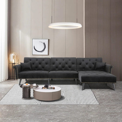 Sectional Sofa Couch L-Shaped Settee with Soft Seat, Comfortable Backrest and Modern velvet sofa Living Room, Black