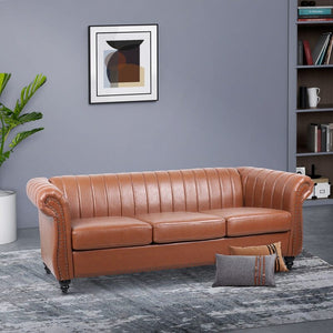 84'' Black PU Rolled Arm Chesterfield Three Seater Sofa -  Black or Brown