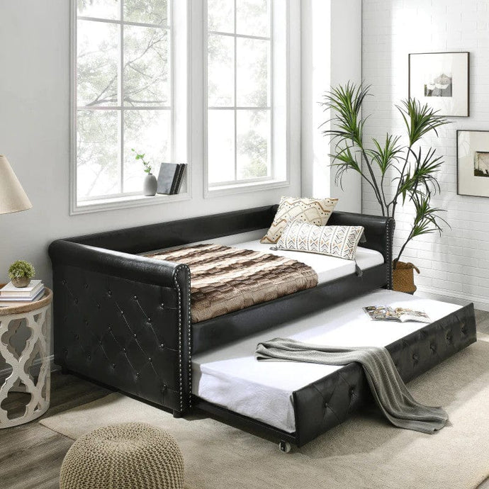 Daybed with Trundle Upholstered Tufted Sofa Bed, with Button and Copper Nail on Arms Twin Size, PU Leather Black or Grey Polyester（85.5“x42”x30.5“）