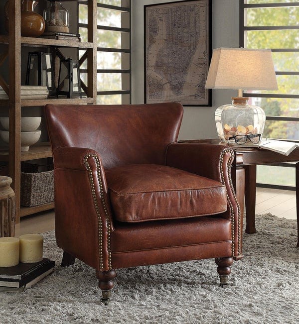 Leather Upholstered Accent Chair With Nail Head Trim, Dark Brown