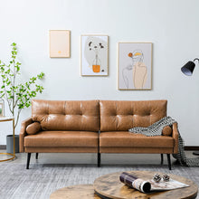 Load image into Gallery viewer, Faux Leather Sofa Couch, 73&#39;&#39; Mid-Century Modern 3 Seater Sofa with Rivet on Armrests and 2 Cylindrica Pillows, Upholstered Couch for Living Room, Bedroom, Office, Cognac Tan