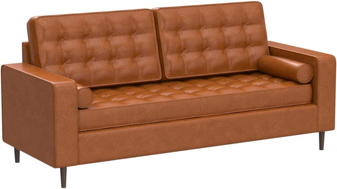 Lynnwood Upholstered Sofa - Couches for Living Room - Camel Faux Leather Couch - Small Couch - Living Room Furniture - Includes Bolster Pillows