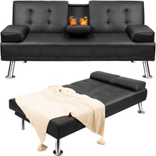 Load image into Gallery viewer, Modern Faux Leather Couch Convertible Folding Futon Sofa Bed with 2 Cup Holders, Black