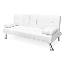 Load image into Gallery viewer, White or Brown Faux Leather Convertible Sofa Futon with 2 Cup Holders