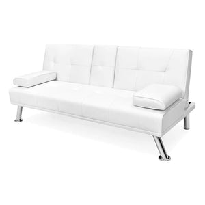 White or Brown Faux Leather Convertible Sofa Futon with 2 Cup Holders