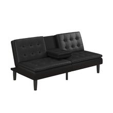 Load image into Gallery viewer, Mainstays Memory Foam Pillowtop Futon with Cupholder, Black Faux Leather