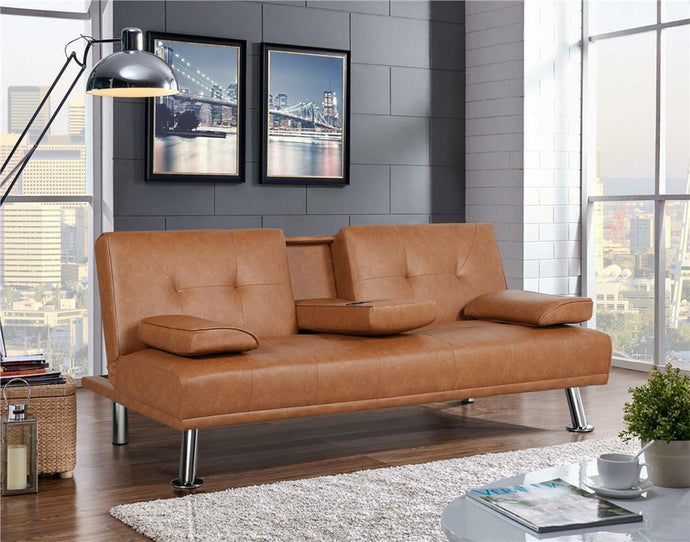 Luxurygoods Modern Faux Leather Futon with Cupholders and Pillows