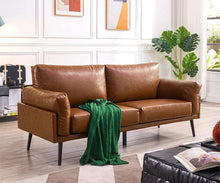 Load image into Gallery viewer, Faux Leather Sofa Couch, Mid-Century Handmade with 74 Inch Living Room Couch with Eucalyptus Frame and Soft Cloud Cushion for Compact Apartment, Caramel