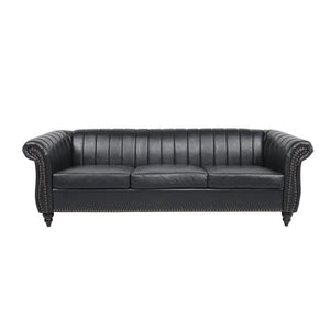 84'' Black PU Rolled Arm Chesterfield Three Seater Sofa -  Black or Brown