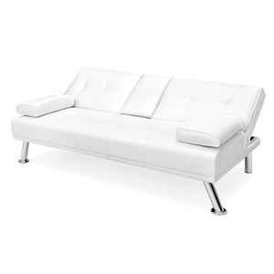 White or Brown Faux Leather Convertible Sofa Futon with 2 Cup Holders