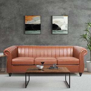 84'' Black PU Rolled Arm Chesterfield Three Seater Sofa -  Black or Brown