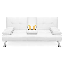 Load image into Gallery viewer, White or Brown Faux Leather Convertible Sofa Futon with 2 Cup Holders