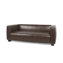 Load image into Gallery viewer, Minkler Contemporary Faux Leather 3 Seater Sofa, Cognac Brown and Dark Walnut