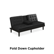 Load image into Gallery viewer, Mainstays Memory Foam Pillowtop Futon with Cupholder, Black Faux Leather