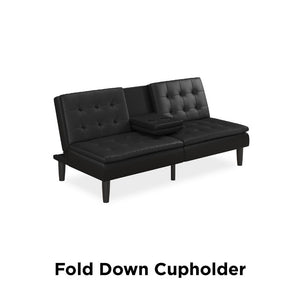 Mainstays Memory Foam Pillowtop Futon with Cupholder, Black Faux Leather