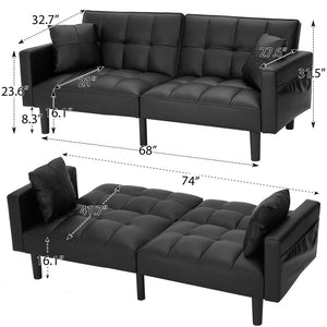 Futon Sofa Bed Modern Convertible Sofa Bed Faux Leather Tufted Upholstered Accent Sofa and Couches with 2 Pillows, Water Resistant Couch Recliner for Living Room, Bedroom, Luxury Black