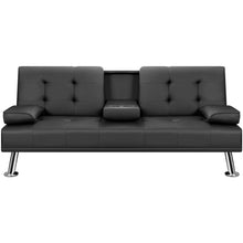 Load image into Gallery viewer, Modern Faux Leather Couch Convertible Folding Futon Sofa Bed with 2 Cup Holders, Black