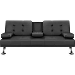 Modern Faux Leather Couch Convertible Folding Futon Sofa Bed with 2 Cup Holders, Black