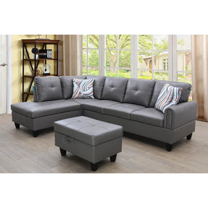 Nina 97" Wide Faux Leather Left Hand Facing Sofa & Chaise with Ottoman