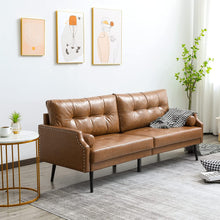 Load image into Gallery viewer, Faux Leather Sofa Couch, 73&#39;&#39; Mid-Century Modern 3 Seater Sofa with Rivet on Armrests and 2 Cylindrica Pillows, Upholstered Couch for Living Room, Bedroom, Office, Cognac Tan