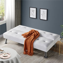 Load image into Gallery viewer, Tufted Faux Leather Sofa Bed Convertible Futon with Chrome Metal Legs, White