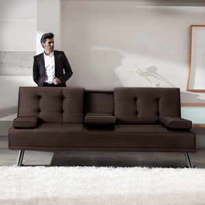 Modern Sofa Bed Faux Leather Couch Convertible Futon with Two Cupholders 