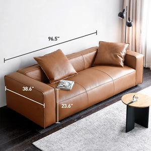 Luxury Mid-Century Modern 3-Seater Lounge Sofa with Extra-Wide Armrest Seat for Living Room Apartment Dorm Bedroom Office, Leather Couch, Brown