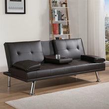 Load image into Gallery viewer, Leather Futon Convertible Sofa Bed, 2 Cup Holders Twin Size