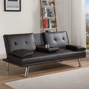 Leather Futon Convertible Sofa Bed, 2 Cup Holders Twin Size