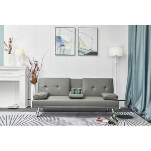 Leather Futon Sofa Bed, Convertible Folding Couch for Living Room, Sectional Sleeper Sofa for Small Space with Cup Holder, Gray