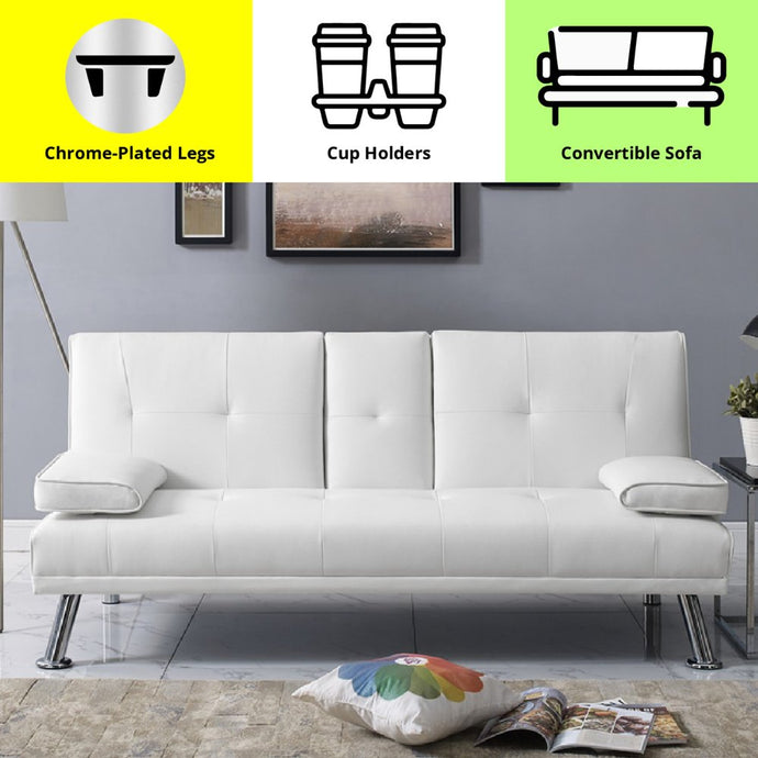 Futon Sofa Bed, Faux Leather Futon Couch with Armrest and 2 Cupholders, Pull Out Sofa Bed Couch Convertible with Metal Legs, Folding, Reclining Small Couch Bed, Futon Bed for Living Room - White