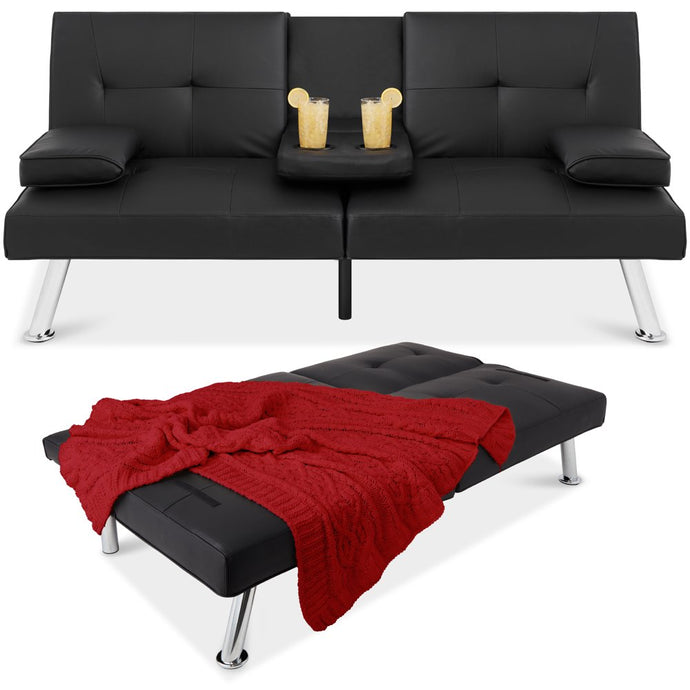 Modern Faux Leather Convertible Futon Sofa W/ Removable Armrests, Metal Legs, 2 Cupholders - Black