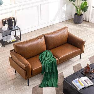 Faux Leather Sofa Couch, Mid-Century Handmade with 74 Inch Living Room Couch with Eucalyptus Frame and Soft Cloud Cushion for Compact Apartment, Caramel