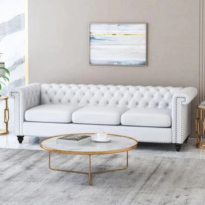 Chesterfield Sofa Living Room Tufted 3-Seat Sofa White Faux Leather