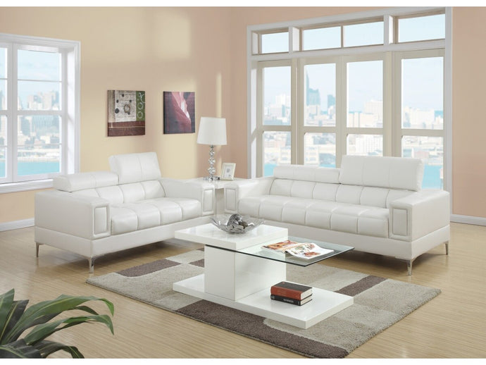 White Faux Leather Living Room 2Pc Sofa Set Sofa and Loveseat Furniture Couch Unique Design Metal Legs Adjustable Headrest