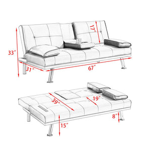 Leather Futon Convertible Sofa Bed, 2 Cup Holders Twin Size