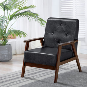 Classic Accent Chair PU Leather Armchair W/Rubber Wood Legs & Button Tufted Back 