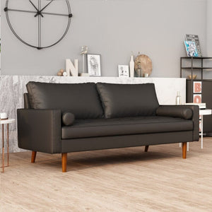 Modern Faux Leather Sofa Couch, Mid-Century Design, Wide Leather and Velvet, Square Arms Sofa with Pillows