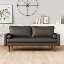 Load image into Gallery viewer, Modern Faux Leather Sofa Couch, Mid-Century Design, Wide Leather and Velvet, Square Arms Sofa with Pillows