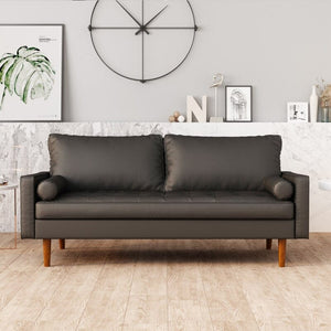 Modern Faux Leather Sofa Couch, Mid-Century Design, Wide Leather and Velvet, Square Arms Sofa with Pillows