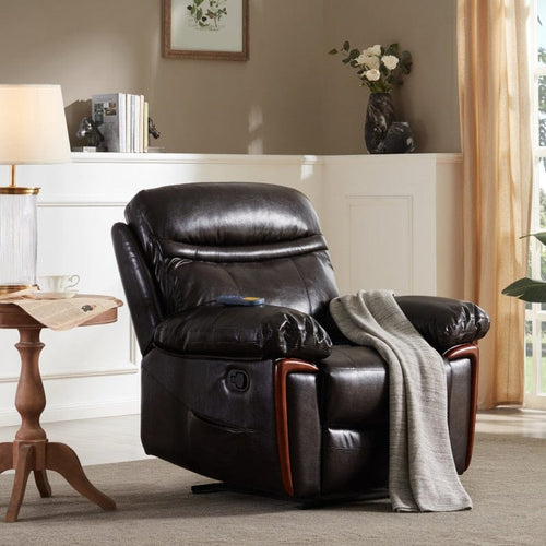 Leather Recliner Chair Rocking 360 Swivel with Heated Massage and Side Pocket Living Room Vibrating Sofa Chair