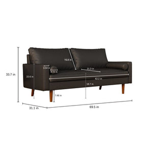 Modern Faux Leather Sofa Couch, Mid-Century Design, Wide Leather and Velvet, Square Arms Sofa with Pillows