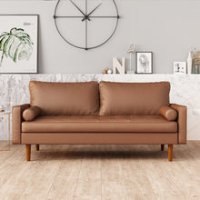 Load image into Gallery viewer, Modern Faux Leather Sofa Couch, Mid-Century Design, Wide Leather and Velvet, Square Arms Sofa with Pillows